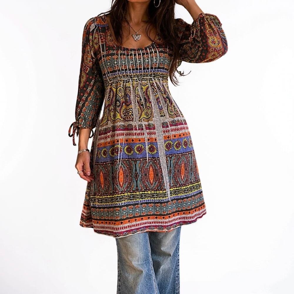 Volume One Boho Paisley Print Empire Waist Tunic Dress Size Small